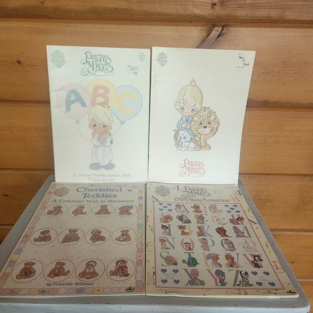 Set of 4 Vintage Precious Moments Cross Stitch Patterns Teddies ABC Alphabet 90s